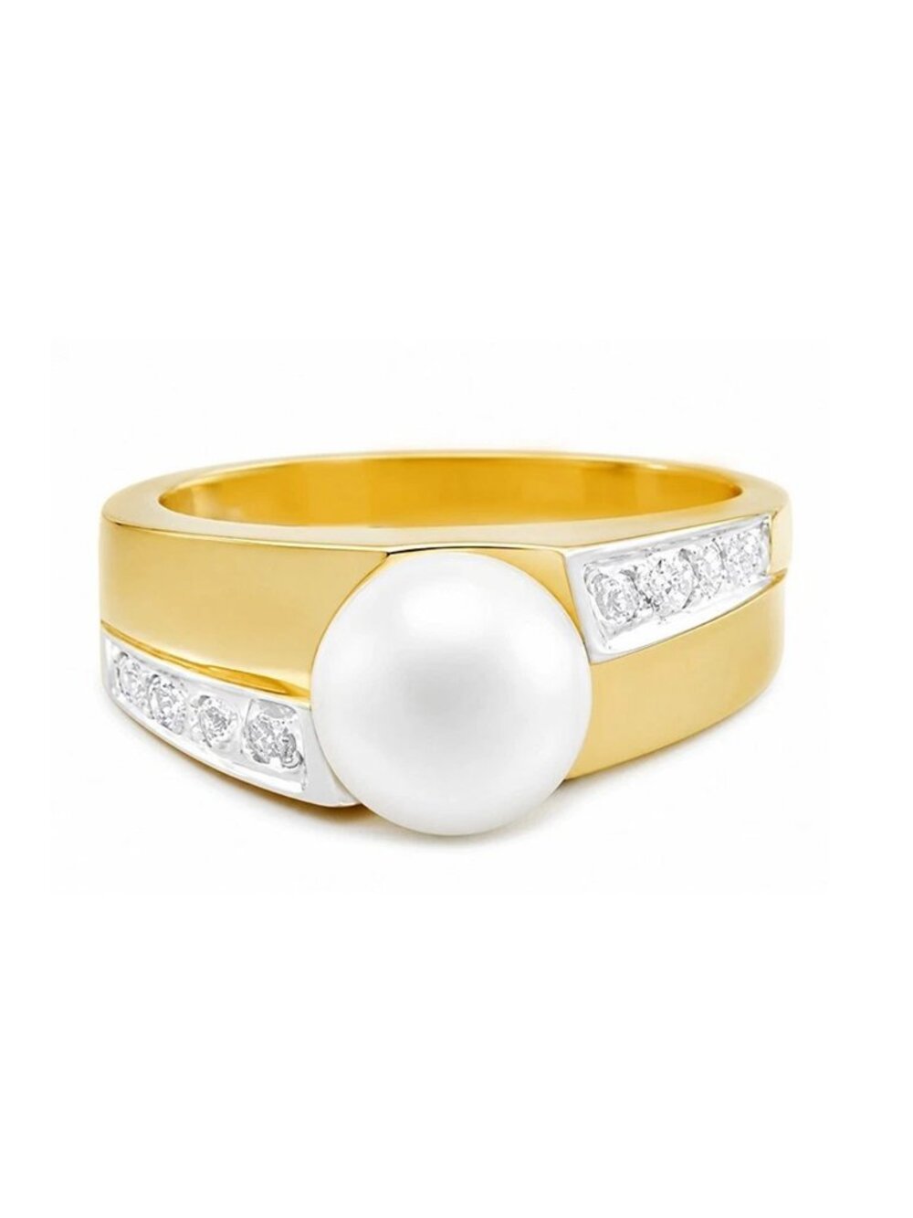 Genuine White Pearl & Diamonds Ring Solid 14k Yellow Gold